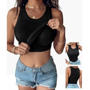 Chicme Tank Top Built In Bra Womens L Black Ribbed Fitted Stretch Casual Capsule